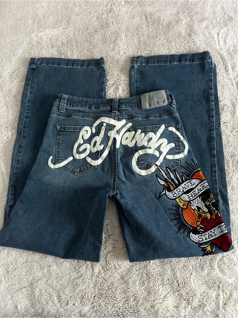Ed Hardy Blue Women's Wide-Leg Jeans with White Script & Colorful Embroidery